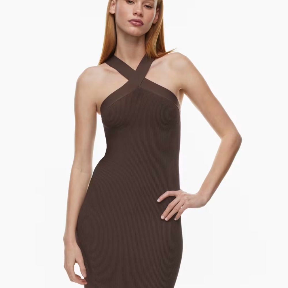 Elegant Brown Halter Dress/Sculpt Knit Criss Cross ribbed halter dress